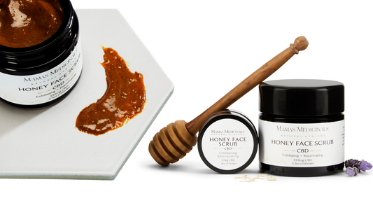 Mama’s Medicinals Honey Face Scrub – natural exfoliating and detoxifying skincare with diatomaceous earth and CBD, designed for sensitive skin.